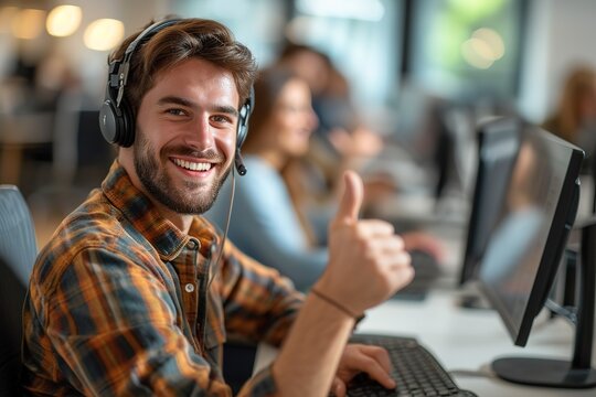 Young man customer service operator showing thumbs up while working with headsets in office.