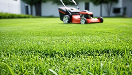 A modern lawn mower mows a green lawn on a sunny day. Green background with lawn mower with copy space. - obrazy, fototapety, plakaty