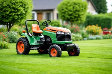 Poster Lawn in the backyard of a private house. The tractor stands on a green lawn. A grass cutting machine drives across the lawn. Garden care. © 360VP