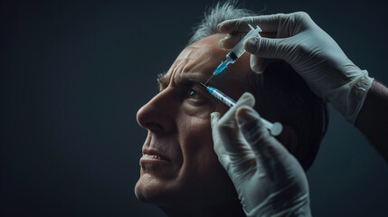 Fototapeta premium A man is receiving a botox injection in his forehead as a gesture towards beauty and selfcare. The electric blue hat of the music artist adds an artistic touch to the event
