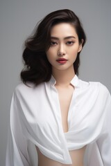 amazing and beautiful asian woman model, white dress, clean background