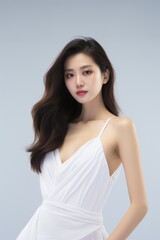 amazing and beautiful asian woman model, white dress, clean background
