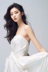amazing and beautiful asian woman model, white dress, clean background
