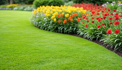 The backyard garden is full of flowers. Smooth green lawn with flowers in the background.