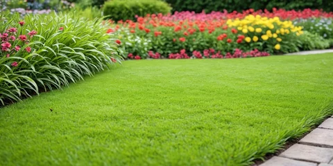  The backyard garden is full of flowers. Smooth green lawn with flowers in the background. © 360VP