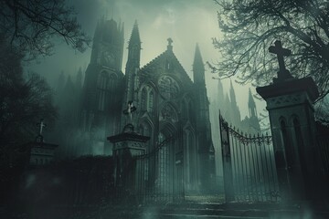 Mysterious and eerie depiction of a fog-shrouded church with a looming archway, evoking a haunting atmosphere of solitude and secrets in the dimly lit sanctuary. - obrazy, fototapety, plakaty