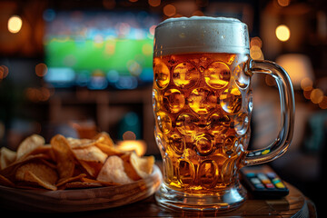 Glass beer mug with a plate of chips and a remote on a table with a sports broadcast in the...