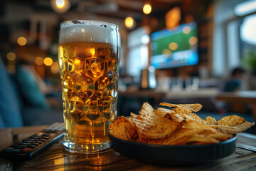 A glass of beer, a plate of chips and a TV remote on a table in the background of a soccer game being broadcast on the TV in the bar