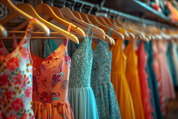 Close-up of a row of hangers on a crossbar with colorful summer women's dresses in a store
