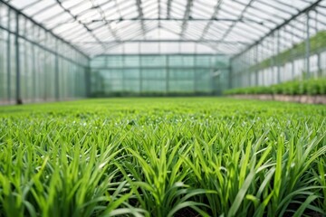 Green lawn against the backdrop of a greenhouse. Green herbal background with greenhouses. Green garden, copy space.
