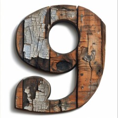 Rustic wooden number nine on white background, crafted from weathered wood with visible natural grain. Ideal for diverse design projects such as presentations, websites, and social media content.