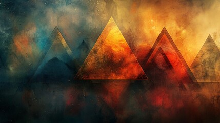Transparent triangles in an abstract art style overlaying a textured background with a warm color gradient