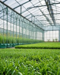 Green lawn against the backdrop of a greenhouse. Green herbal background with greenhouses. Green garden, copy space.