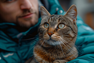 A gray cat in the background of a man in a jacket hugging him