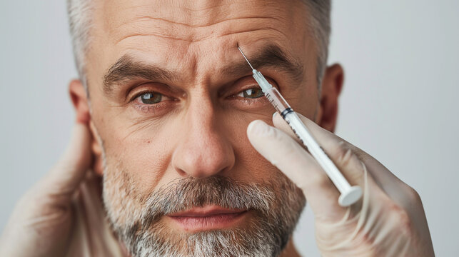A man with a beard is receiving a botox injection on his forehead, while his nose, jaw, and facial hair are visible. His moustache twitches slightly as he makes a gesture with his hand