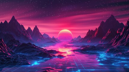 Futuristic set. Retrowave, synthwave, rave, vapor wave, cyberpunk party background. Vector light grid landscape. Retro, vintage 1980s, 1990s style. Black, purple, pink, blue neon colors. Print, poster - obrazy, fototapety, plakaty