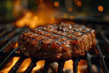 Fried cutlet on a grill grate against a background of flames and sparks - obrazy, fototapety, plakaty