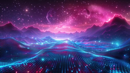 Futuristic set. Retrowave, synthwave, rave, vapor wave, cyberpunk party background. Vector light grid landscape. Retro, vintage 1980s, 1990s style. Black, purple, pink, blue neon colors. Print, poster - obrazy, fototapety, plakaty