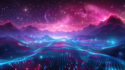 Deurstickers Futuristic set. Retrowave, synthwave, rave, vapor wave, cyberpunk party background. Vector light grid landscape. Retro, vintage 1980s, 1990s style. Black, purple, pink, blue neon colors. Print, poster © 2D_Jungle