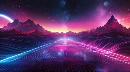 Poster Futuristic set. Retrowave, synthwave, rave, vapor wave, cyberpunk party background. Vector light grid landscape. Retro, vintage 1980s, 1990s style. Black, purple, pink, blue neon colors. Print, poster © 2D_Jungle