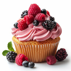 Cupcake with pink cream, raspberries and blackberries on a white background