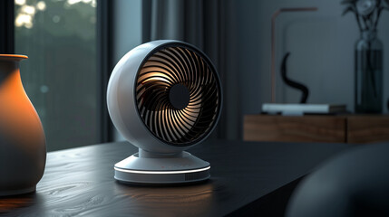 Elegant White Desktop Fan in Modern Home Interior, Sleek Design Aesthetics