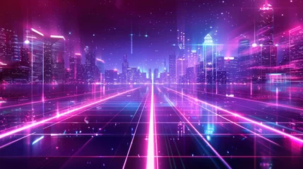 Deurstickers Futuristic set. Retrowave, synthwave, rave, vapor wave, cyberpunk party background. Vector light grid landscape. Retro, vintage 1980s, 1990s style. Black, purple, pink, blue neon colors. Print, poster © 2D_Jungle