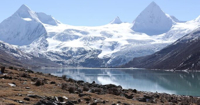 Aerial footage of fossil glacier and lake  landscape in tibet, China