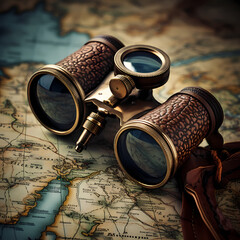 A pair of old-fashioned binoculars on a map.  - obrazy, fototapety, plakaty