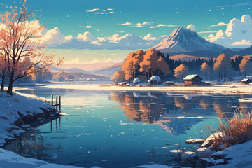 Lake in the countryside in winter. In anime style