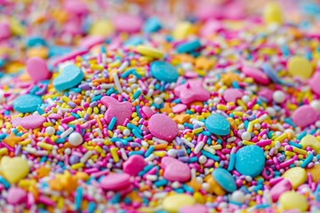 Joyful pile of candy sprinkles showcasing a spectrum of bright colors, elevating the charm and fun factor of sweet treats with its delightful and festive appearance. - obrazy, fototapety, plakaty