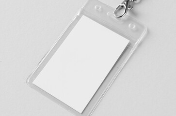 ID Card holder mockup with lanyard, vertical, closeup.