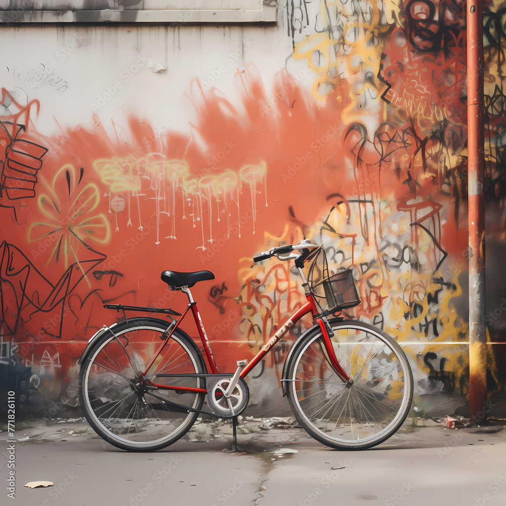 Poster A retro bicycle against a graffiti-covered wall.