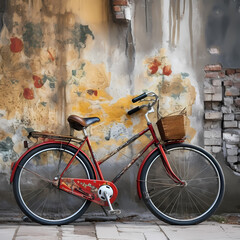A retro bicycle against a graffiti-covered wall.