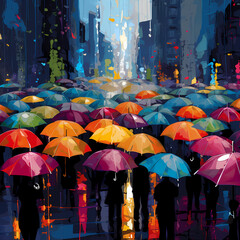 A series of colorful umbrellas in the rain. 