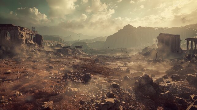 Grim cityscape scene showcasing a single car stranded amidst the ruins, symbolizing resilience amidst adversity and the silent witness to urban collapse.