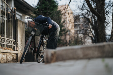 In this candid shot, an urban cyclist rests by a fence on a city street, a vintage bicycle prominently featured, invoking a sense of daily city life.