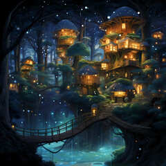 A treehouse village in a bioluminescent forest.