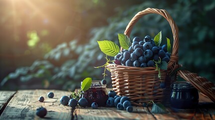 Blueberries in wicker basket and blueberry jam or marmalade on old table with back light - obrazy, fototapety, plakaty