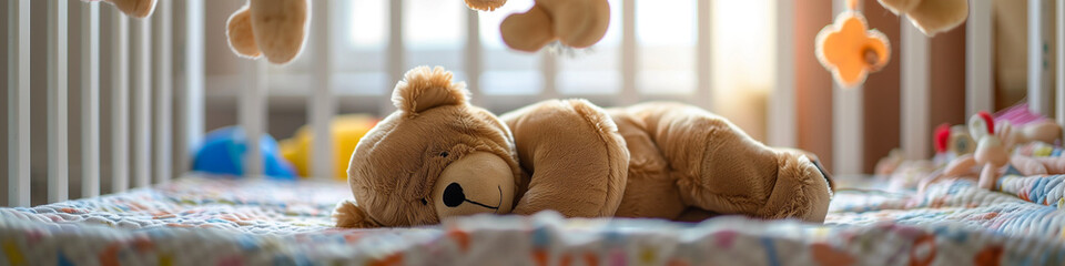 Dreamy Slumber: Bear Plush Toy Resting in Baby Crib -  Wide Framing - obrazy, fototapety, plakaty