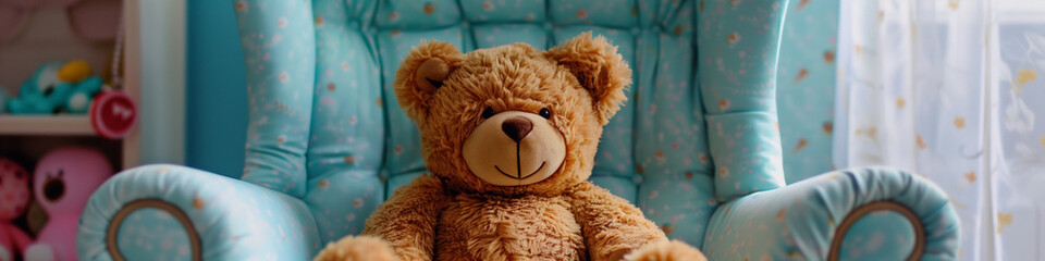 Plush Perch: Bear Toy in Baby Chair - Top-Down Professional Photography Style