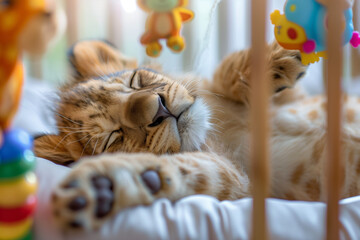 Lion Cub Slumber: Resting in Baby Crib - Professional Photography Style - obrazy, fototapety, plakaty