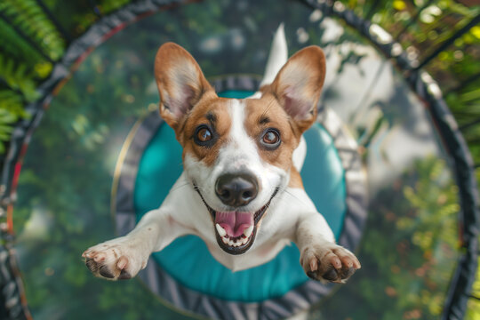 Energetic Canine: Dog Jumping on Trampoline - Top-Down Professional Photography