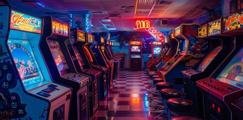Vibrant neon sign lighting up a vibrant video game arcade scene, with enthusiastic players enjoying a diverse array of digital challenges. - obrazy, fototapety, plakaty