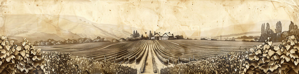Vineyard landscape panorama. Vine plantation hills, rows of vineyards with wine stains. Vintage illustration, line sketch style. Farming and agriculture concept. Background for design card, banner