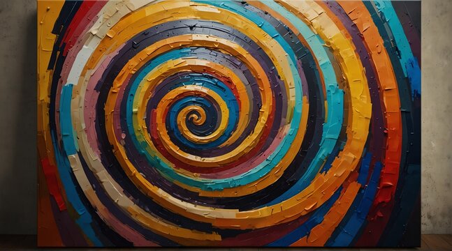 Colorful theme abstract geometric spirals and circles oil pallet knife paint painting on canvas with large brush strokes art from Generative AI