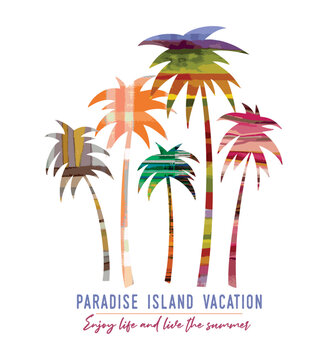 Colorful palm trees vector illustration with abstract motifs.