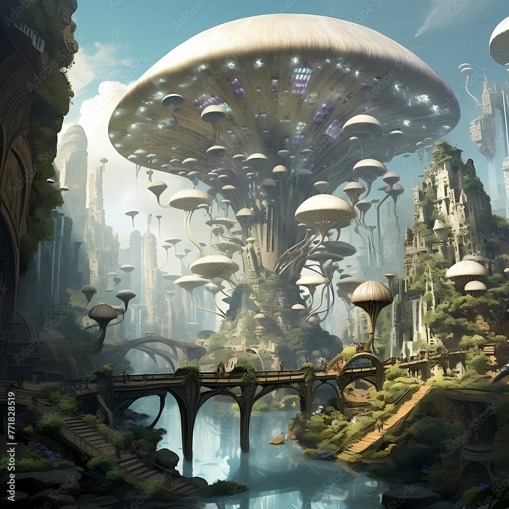 Poster Floating city powered by giant mushrooms. 