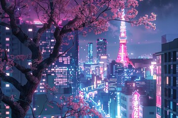 Fantasy Japanese night cityscape with neon lights, cherry blossom tree, skyscrapers, pink, anime inspired digital art