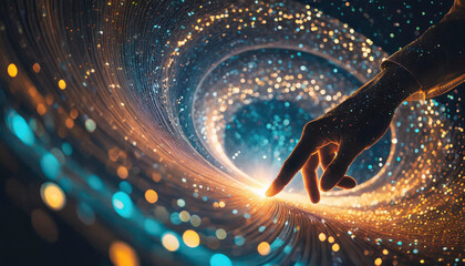 Silhouetted hand delves into swirling vortex of light amidst big data, symbolizing exploration, connectivity, and technological immersion